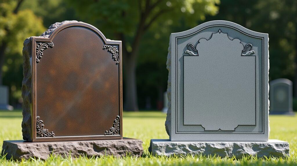 Bronze memorial headstones and upright grave markers displayed in a cemetery setting